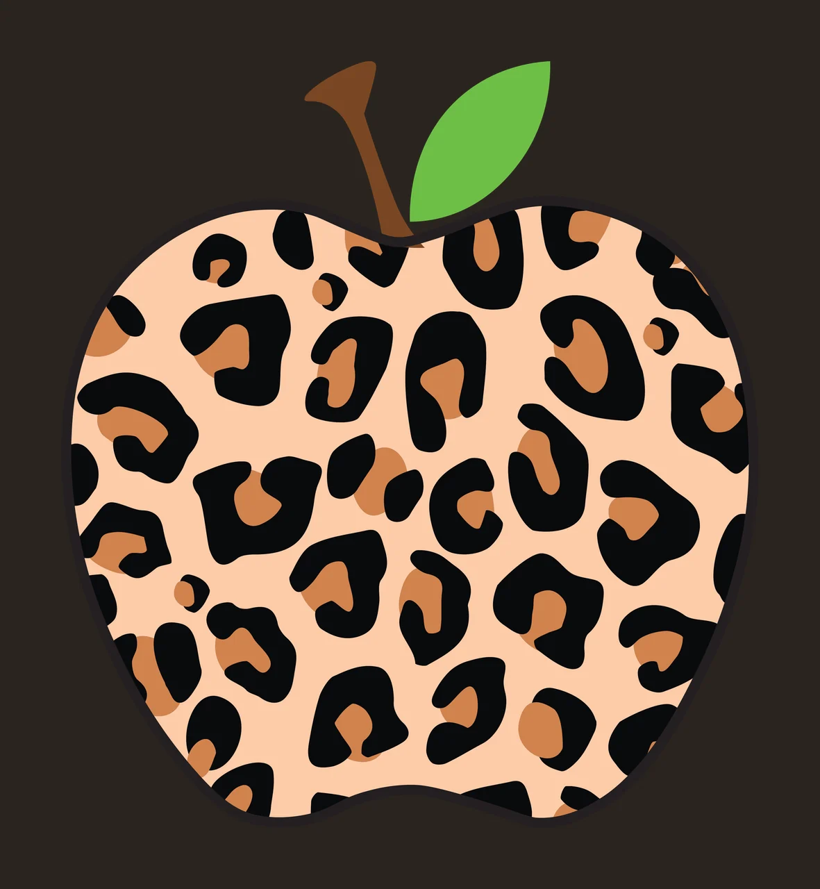 Apple with leopard print pattern Illustration with green leaf and brown stem in beige, black and tan contrast preview thumbnail