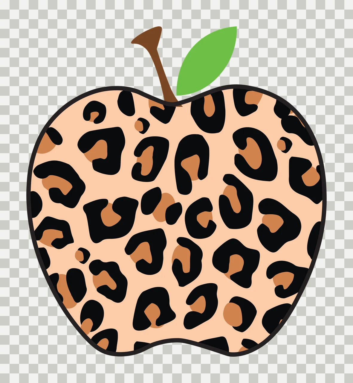 Apple with leopard print pattern Illustration with green leaf and brown stem in beige, black and tan transparency and detail preview thumbnail