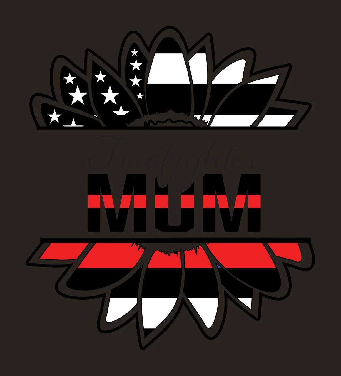 Firefighter MUM Firefighter MUM split sunflower Design with American flag pattern, stars and stripes, thin red line and cursive script in black and white contrast preview thumbnail