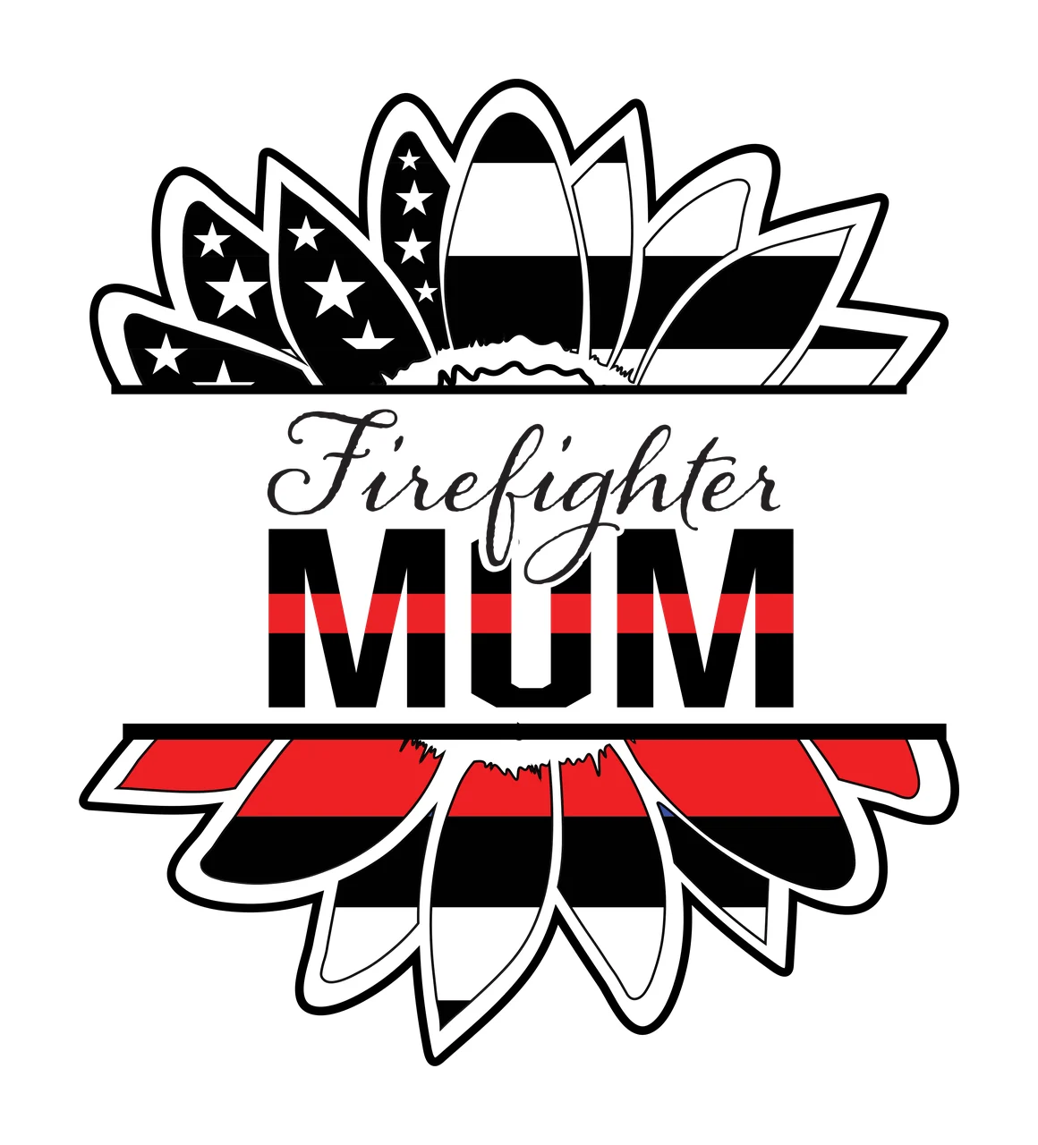 Firefighter MUM Firefighter MUM split sunflower Design with American flag pattern, stars and stripes, thin red line and cursive script in black and white