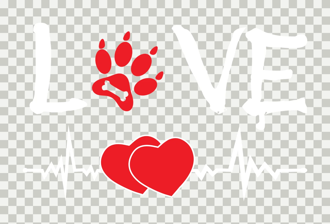 Red paw print with bone and two overlapping hearts Illustration transparency and detail preview thumbnail