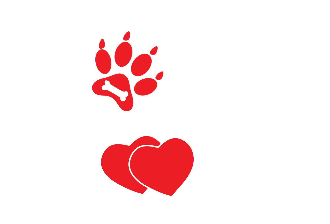 Red paw print with bone and two overlapping hearts Illustration