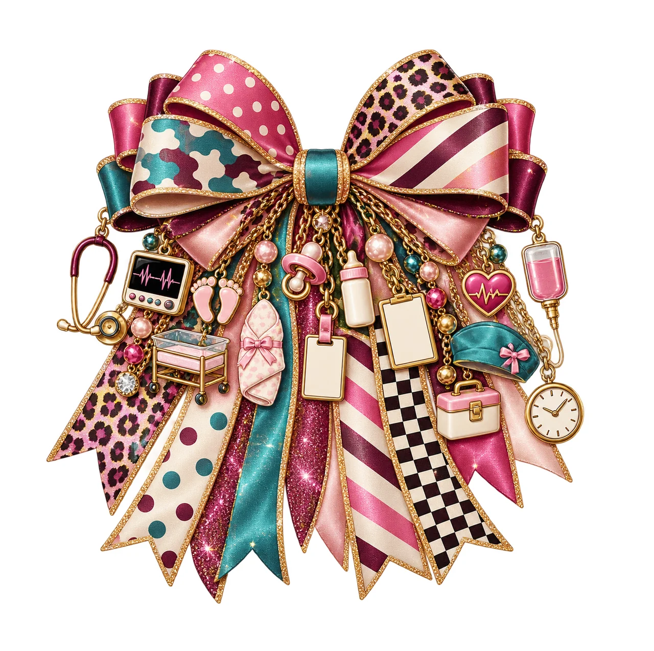 Labor and Delivery Nurse Bow Charm PNG, Themed Gold Chain Charms, Coquette Ribbon Sublimation Design, Transparent Digital Download