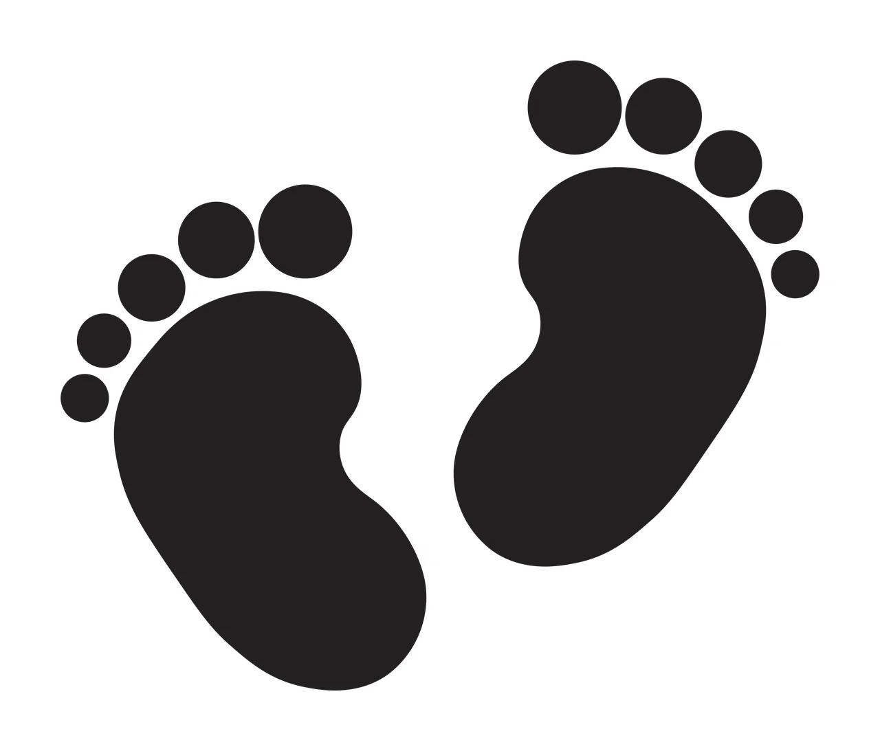 Silhouette Design of baby footprints with left footprint, right footprint, toes and soles in black and white