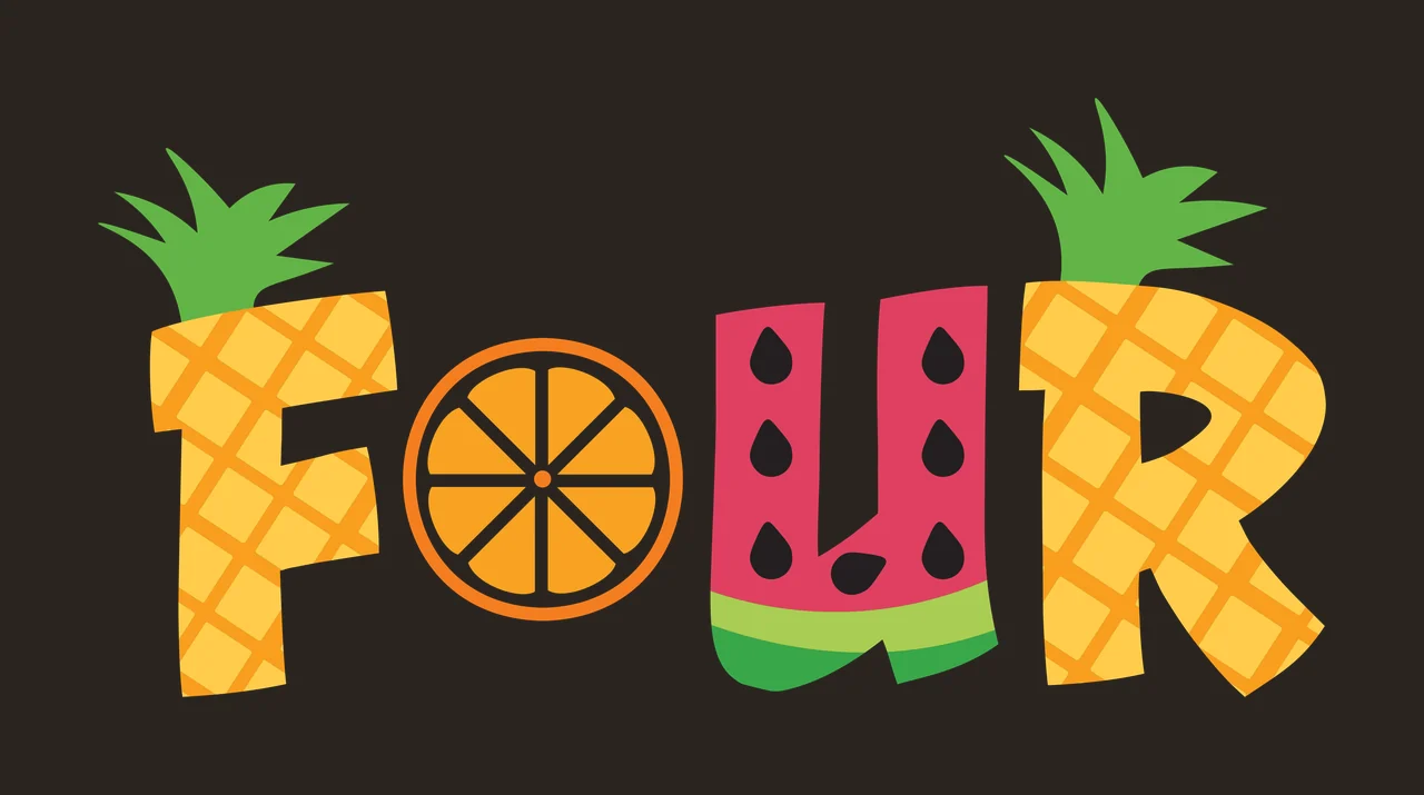 FOUR Typography Design with pineapple letter F, citrus slice O, watermelon letter U and green leaves in yellow, orange and pink contrast preview thumbnail