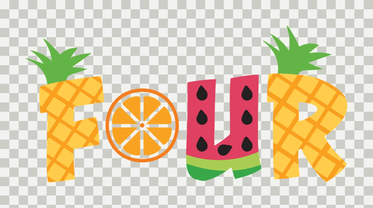 FOUR Typography Design with pineapple letter F, citrus slice O, watermelon letter U and green leaves in yellow, orange and pink transparency and detail preview thumbnail
