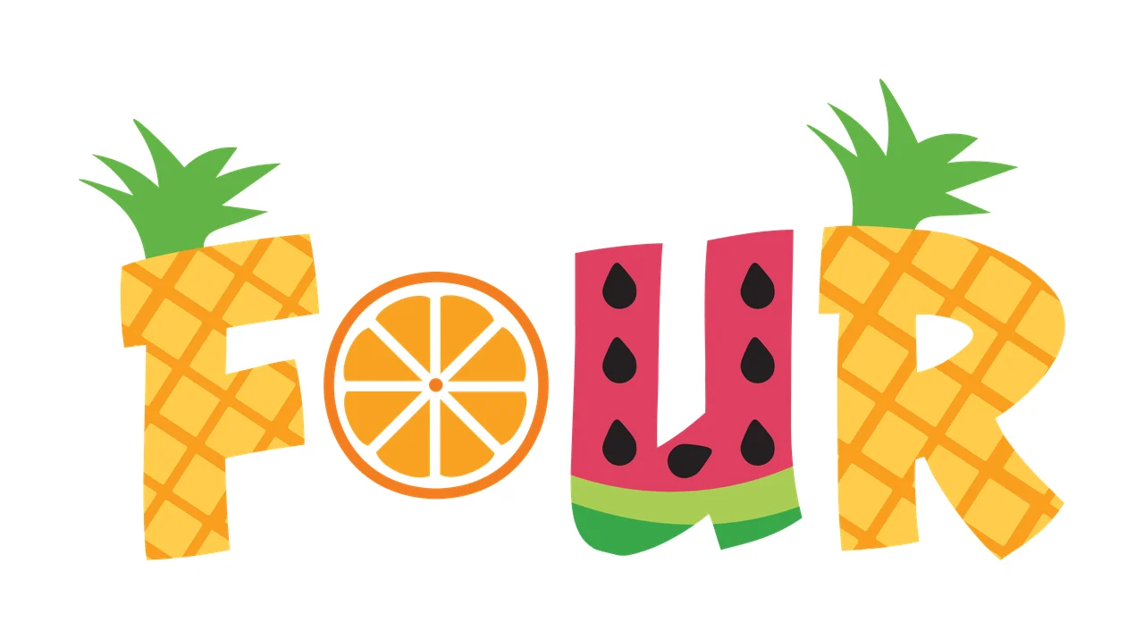 FOUR Typography Design with pineapple letter F, citrus slice O, watermelon letter U and green leaves in yellow, orange and pink
