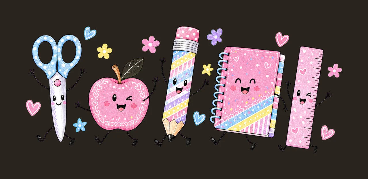 Pink School Anthropomorphic Items Dancing With Scissors contrast preview thumbnail