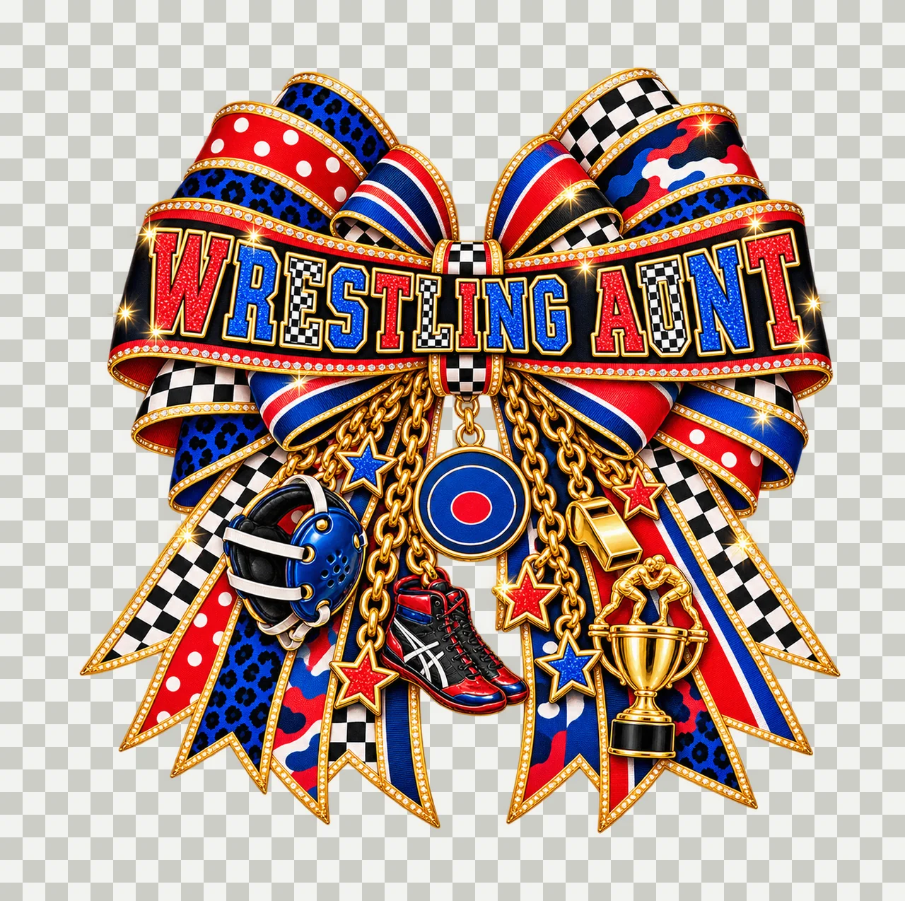 Wrestling Aunt Bow Charm PNG, Patterned Varsity Aunt Ribbon Clipart, Transparent Sublimation Digital Download transparency and detail preview thumbnail