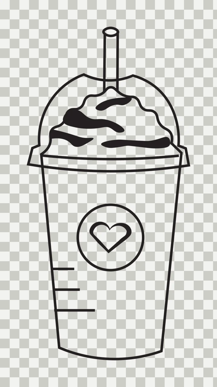 Line-art coffee cup with heart logo Illustration with plastic cup, dome lid, straw and whipped cream in black and white transparency and detail preview thumbnail