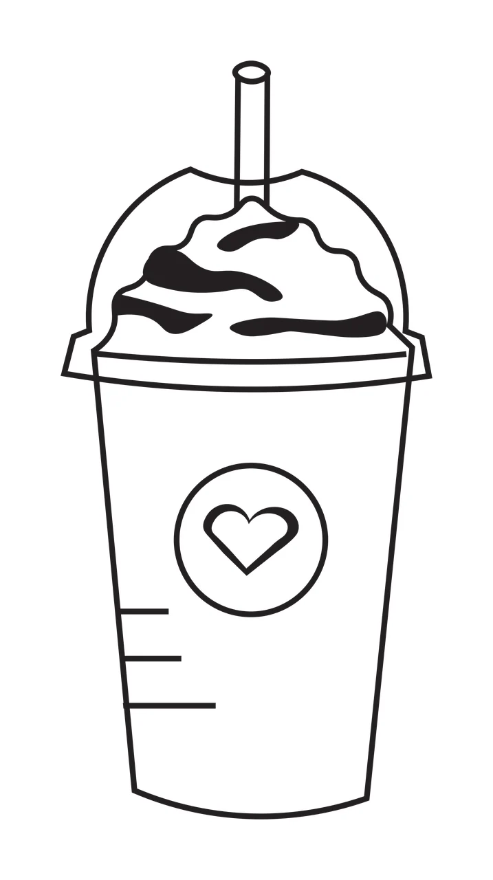 Line-art coffee cup with heart logo Illustration with plastic cup, dome lid, straw and whipped cream in black and white