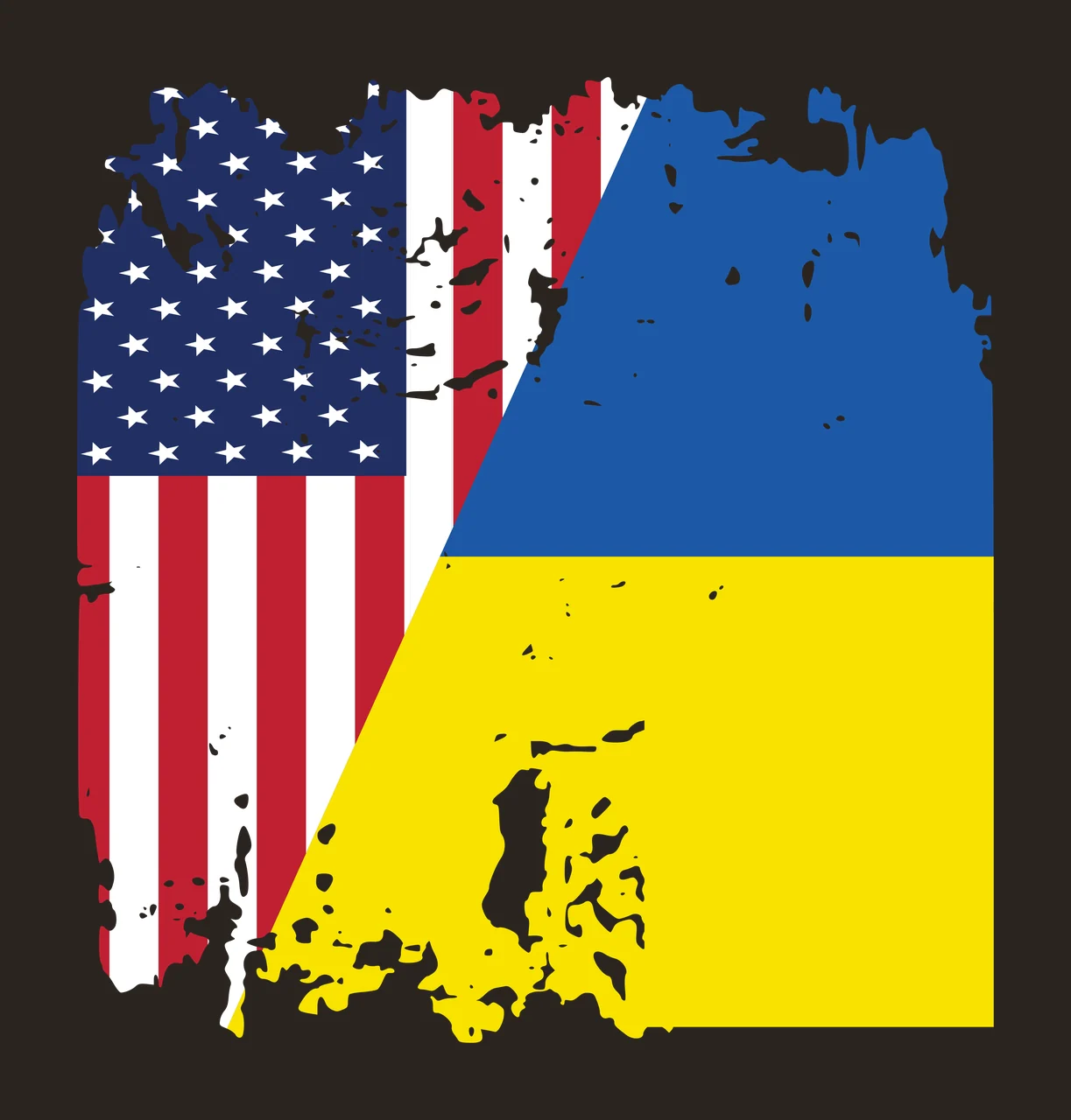 USA and Ukraine combined flags Illustration with USA flag, Ukrainian flag, distressed texture and diagonal split in red, white and blue contrast preview thumbnail