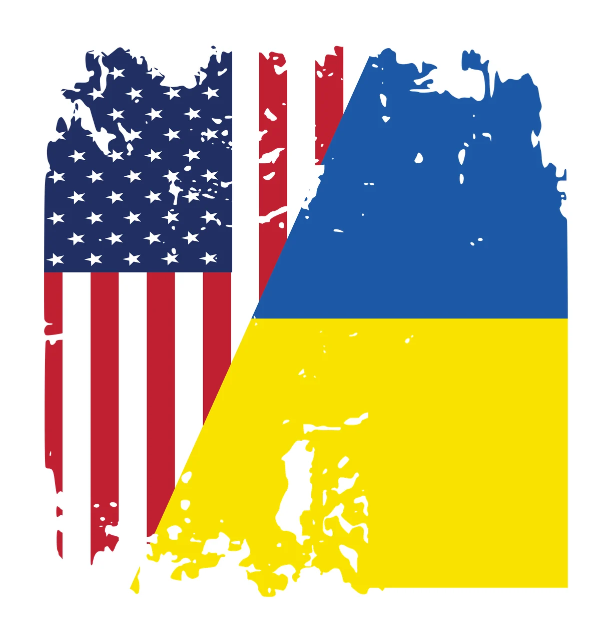USA and Ukraine combined flags Illustration with USA flag, Ukrainian flag, distressed texture and diagonal split in red, white and blue