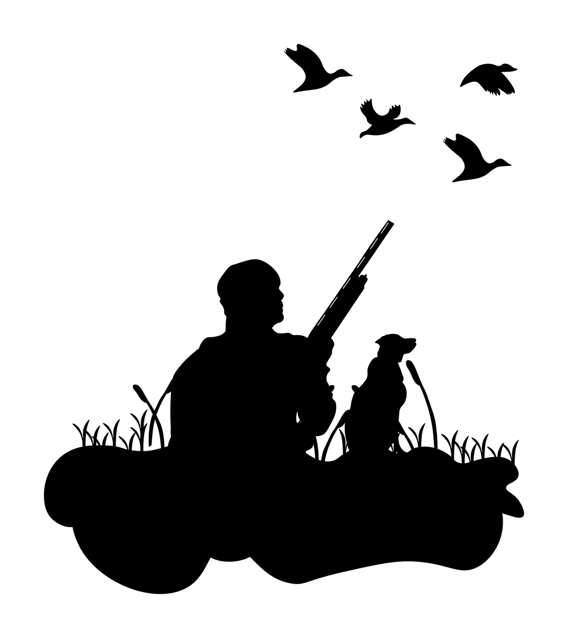 Hunter With Dog And Flying Ducks aiming grass silhouette black