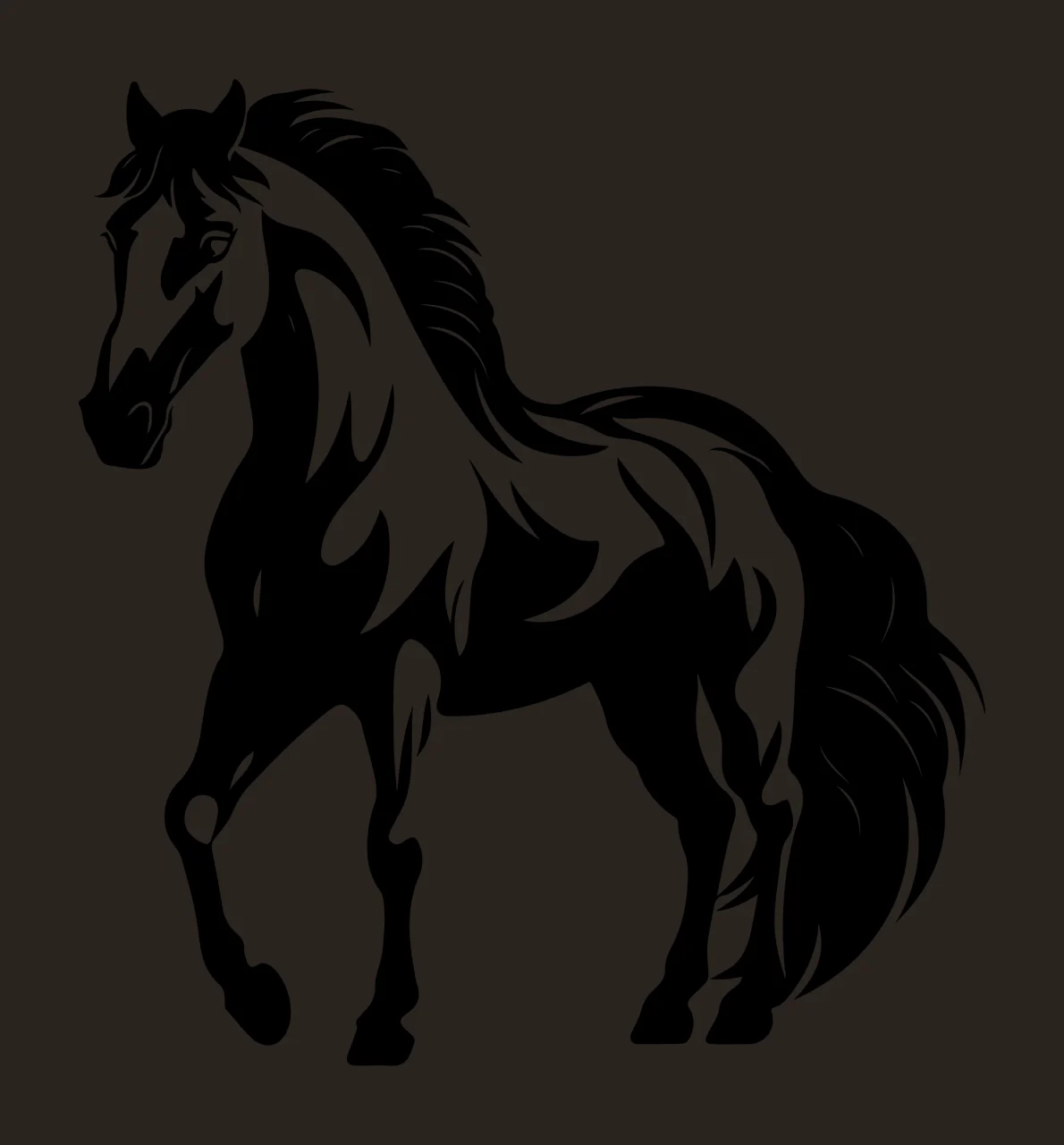 Horse Walking Silhouette With Flowing Mane tail black white contrast preview thumbnail