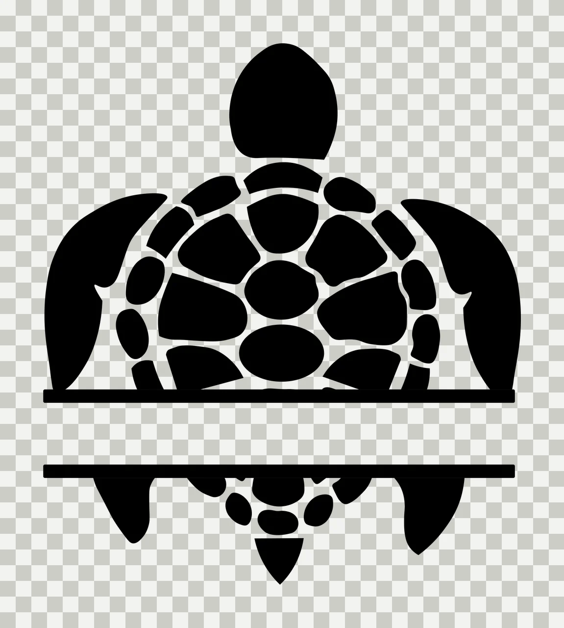Silhouette Design of Sea turtle with organic shell pattern, flippers, head and tail in black and white transparency and detail preview thumbnail