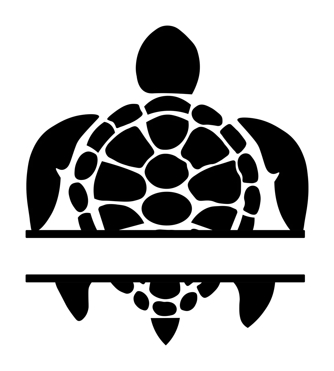 Silhouette Design of Sea turtle with organic shell pattern, flippers, head and tail in black and white