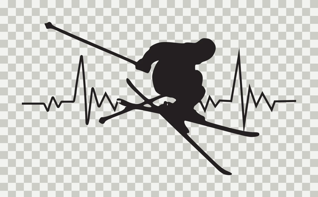 Skier silhouette with heartbeat line Illustration with black skier silhouette, skis, ski pole and heart rate line transparency and detail preview thumbnail