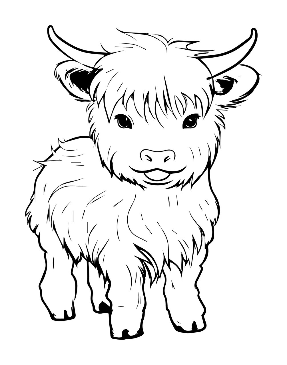 Highland Calf Sketch Line Drawing standing horns black white