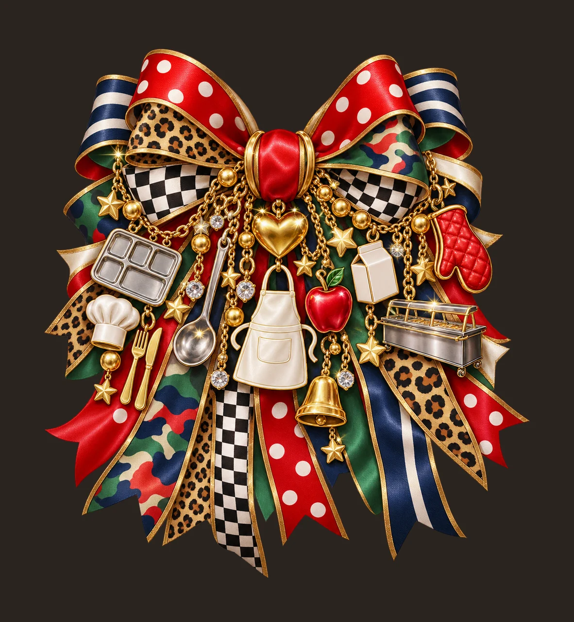 School Cafeteria Worker Bow Charm PNG, Themed Gold Chain Charms, Coquette Ribbon Sublimation Design, Transparent Digital Download contrast preview thumbnail