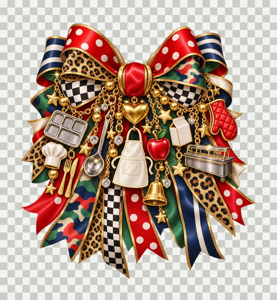 School Cafeteria Worker Bow Charm PNG, Themed Gold Chain Charms, Coquette Ribbon Sublimation Design, Transparent Digital Download transparency and detail preview thumbnail
