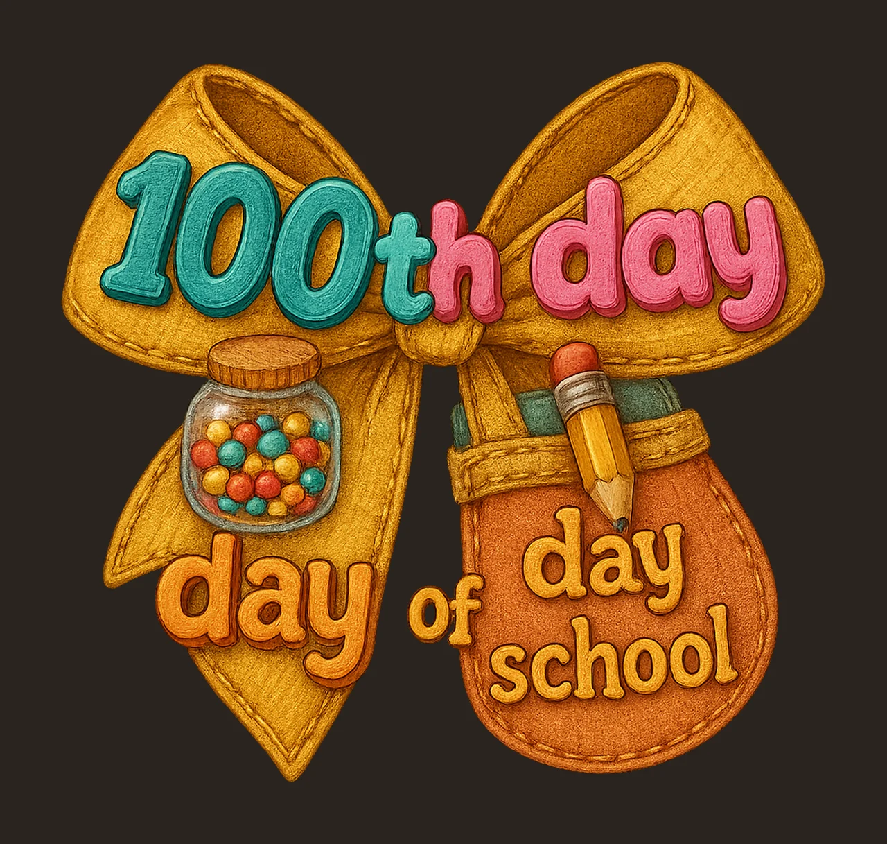 100th Day of School Embroidery Design Pencil Bow Applique contrast preview thumbnail