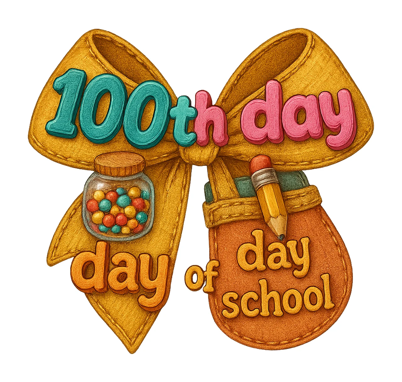 100th Day of School Embroidery Design Pencil Bow Applique