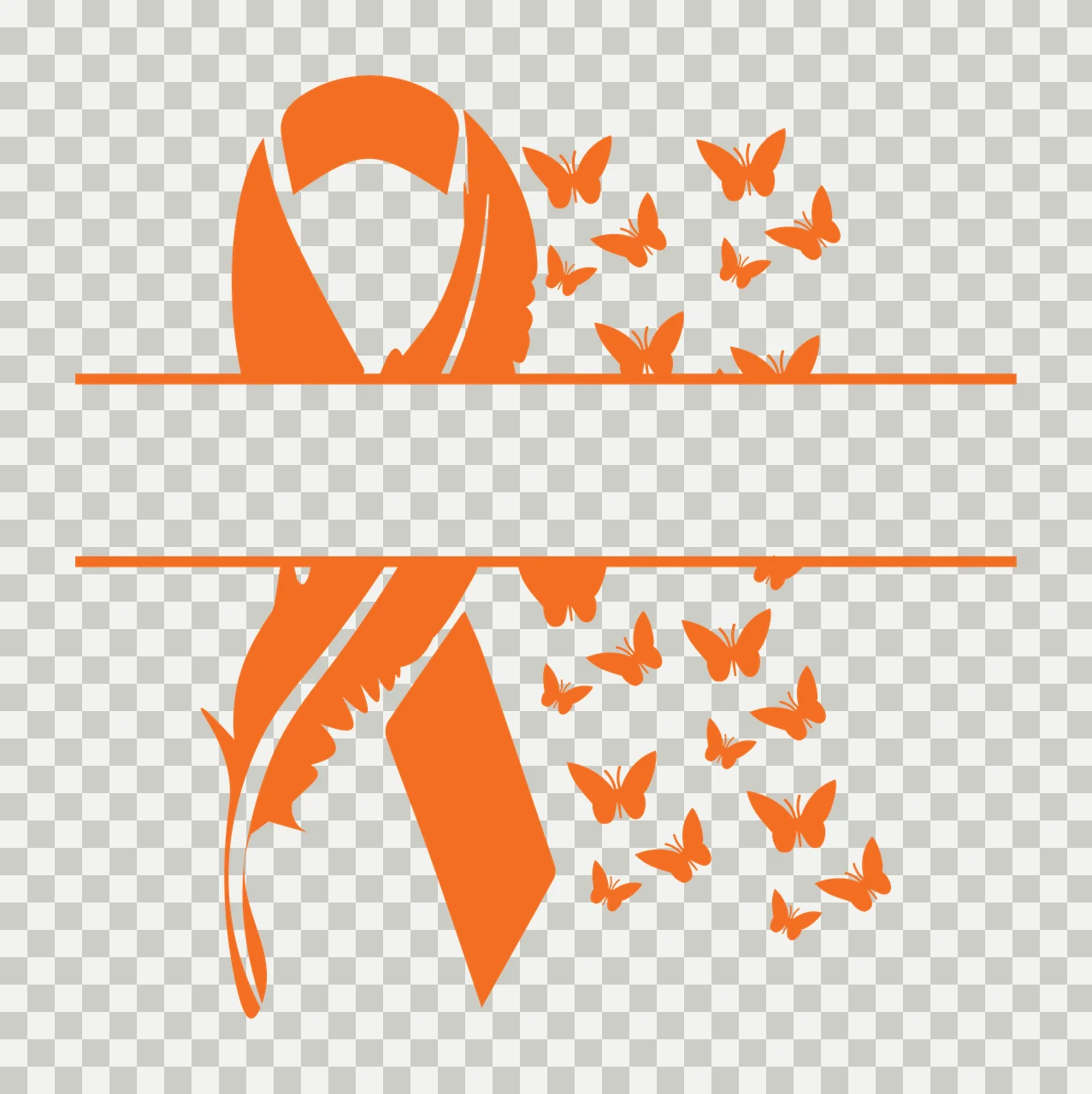 Orange awareness ribbon with butterfly motif Illustration with orange ribbon silhouette, butterfly silhouettes and horizontal dividing lines in white transparency and detail preview thumbnail
