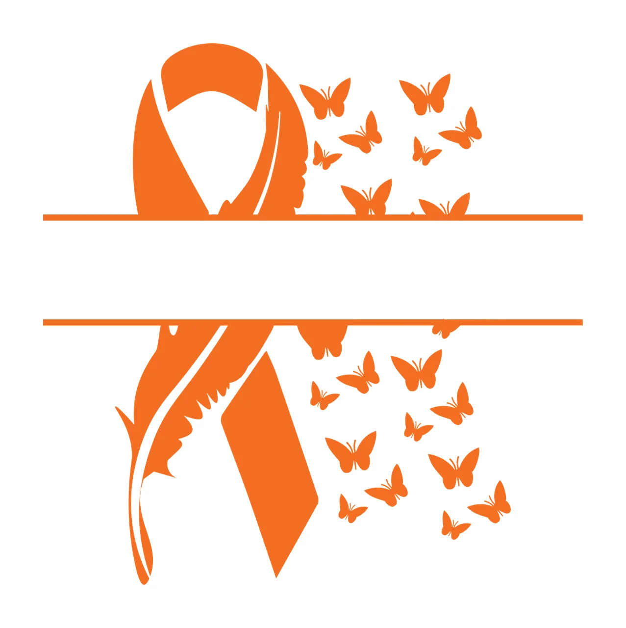 Orange awareness ribbon with butterfly motif Illustration with orange ribbon silhouette, butterfly silhouettes and horizontal dividing lines in white
