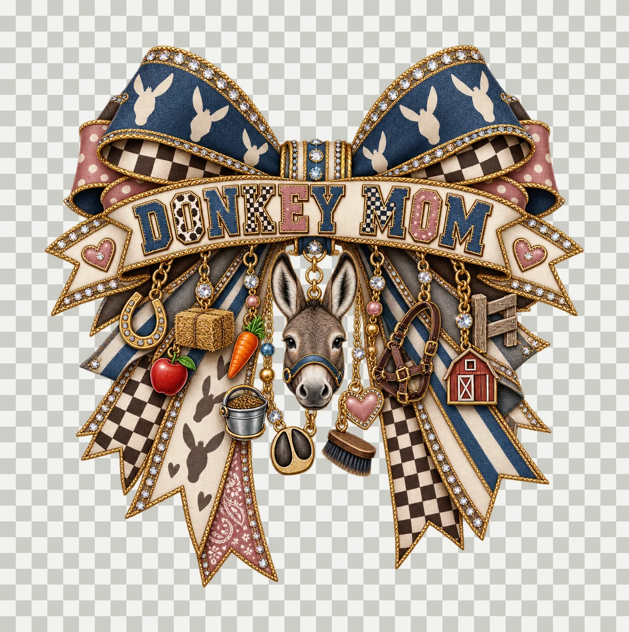 Donkey Mom Bow Charm PNG, Patterned Varsity Mom Ribbon Clipart, Transparent Sublimation Digital Download transparency and detail preview thumbnail