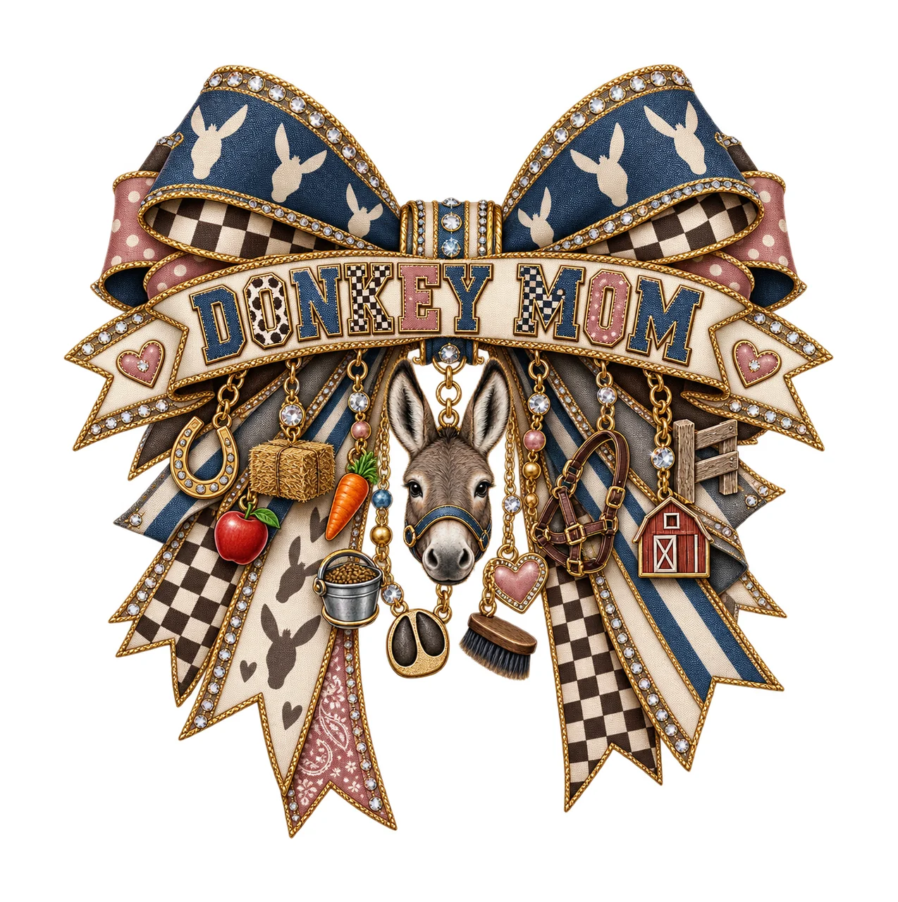 Donkey Mom Bow Charm PNG, Patterned Varsity Mom Ribbon Clipart, Transparent Sublimation Digital Download