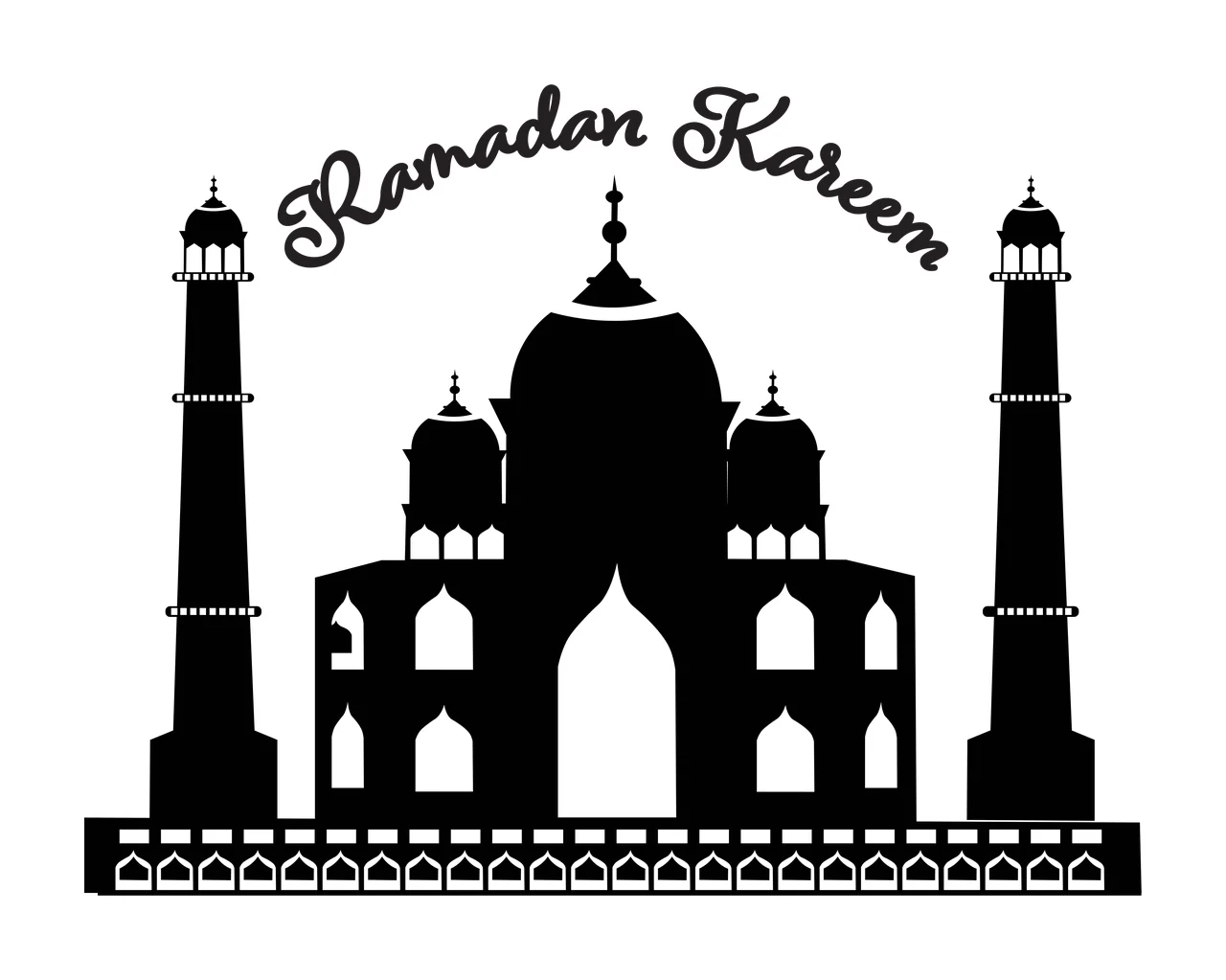Ramadan Kareem Black silhouette of a mosque Design with central dome, two minarets, arched windows and ornamental base with repeating arches in white