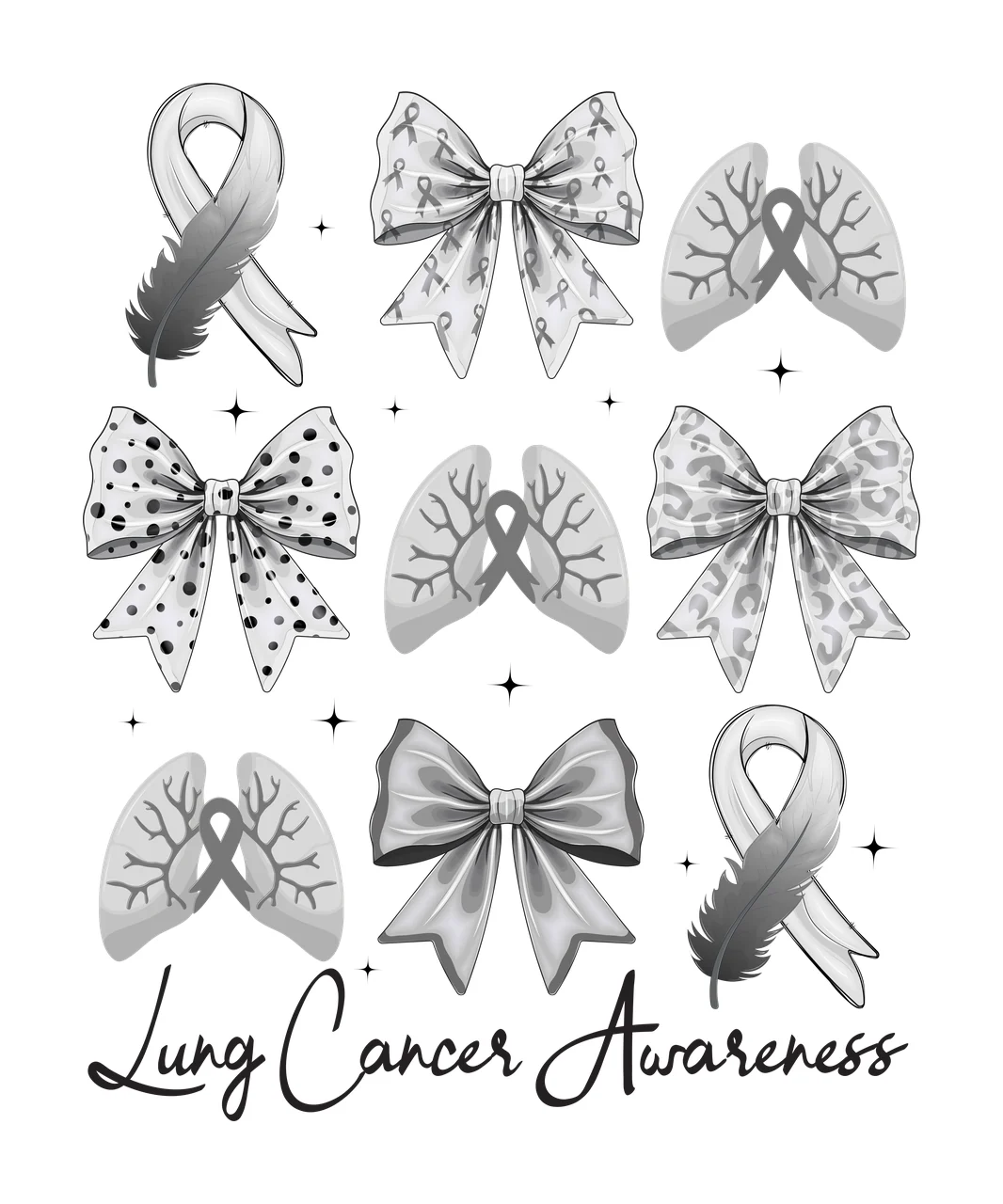 Lung Cancer Awareness Black Ribbons And Bows lungs stars silhouette
