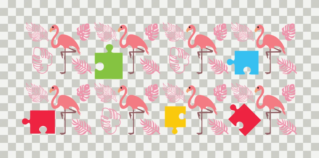 Tropical flamingo and leaf pattern with puzzle pieces Illustration with pink flamingo, green puzzle piece, blue puzzle piece and red puzzle piece transparency and detail preview thumbnail