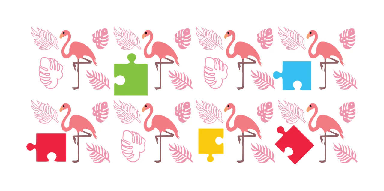 Tropical flamingo and leaf pattern with puzzle pieces Illustration with pink flamingo, green puzzle piece, blue puzzle piece and red puzzle piece