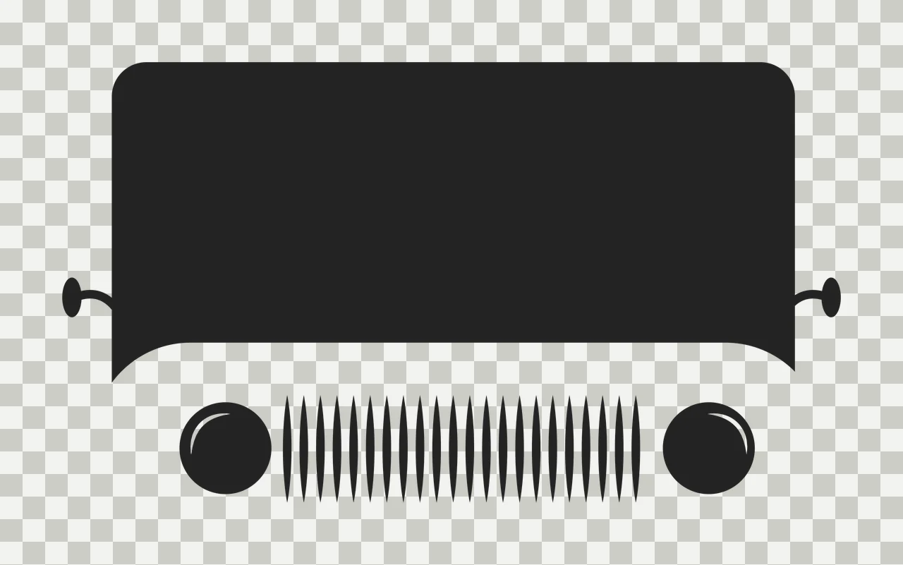 Front view of vehicle grille and headlights silhouette Illustration with black rectangular grille, vertical slats, two round headlights and curved white bumper transparency and detail preview thumbnail