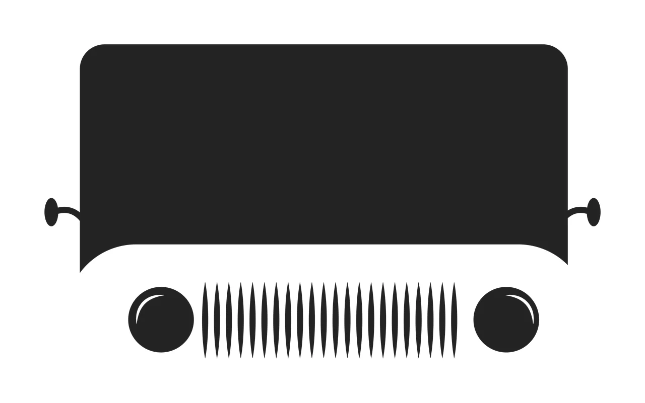 Front view of vehicle grille and headlights silhouette Illustration with black rectangular grille, vertical slats, two round headlights and curved white bumper