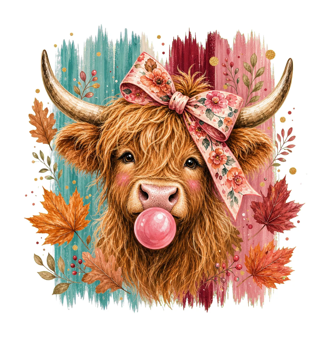 Highland Cow Fall Pink Bow Autumn Sublimation Variation F