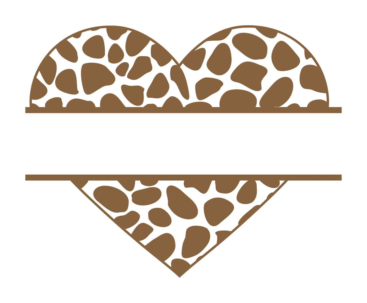 Split heart monogram with split heart shape, giraffe print pattern, brown spots and horizontal parallel lines in white