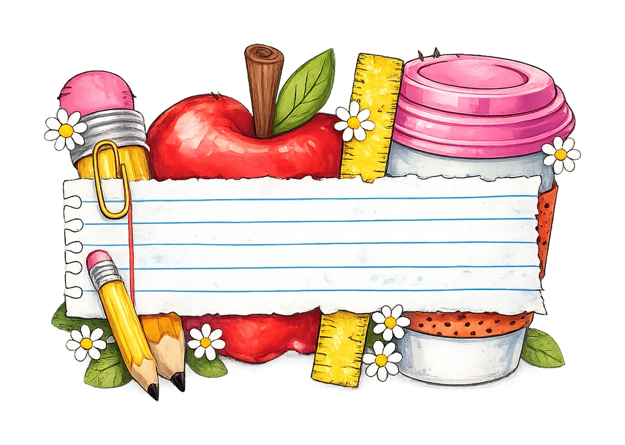 Lined Paper Note Framing With Apple And Ruler cup pencils