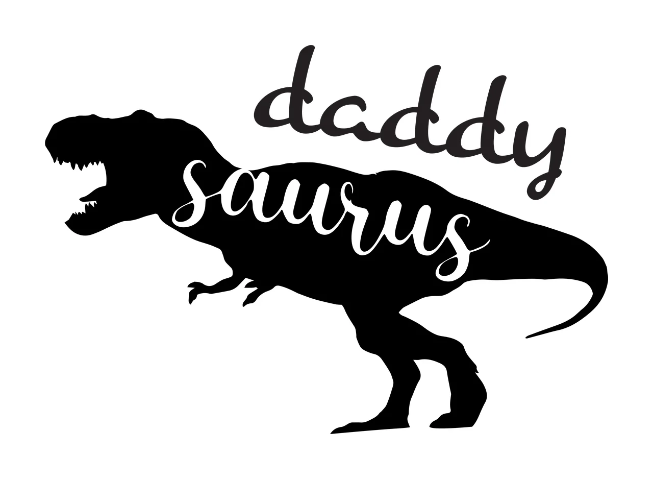 Daddy saurus dinosaur silhouette Design with Tyrannosaurus Rex silhouette and cursive text in black and white