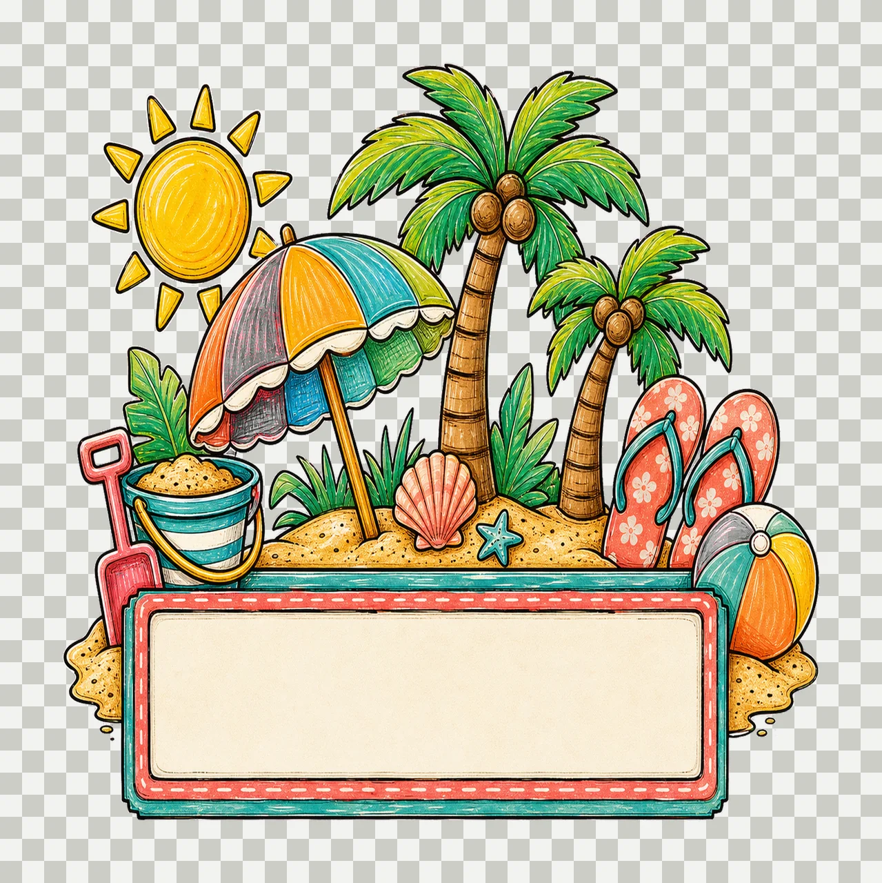 Summer Beach Name Plate Frame Design Hand Drawn Variation C transparency and detail preview thumbnail