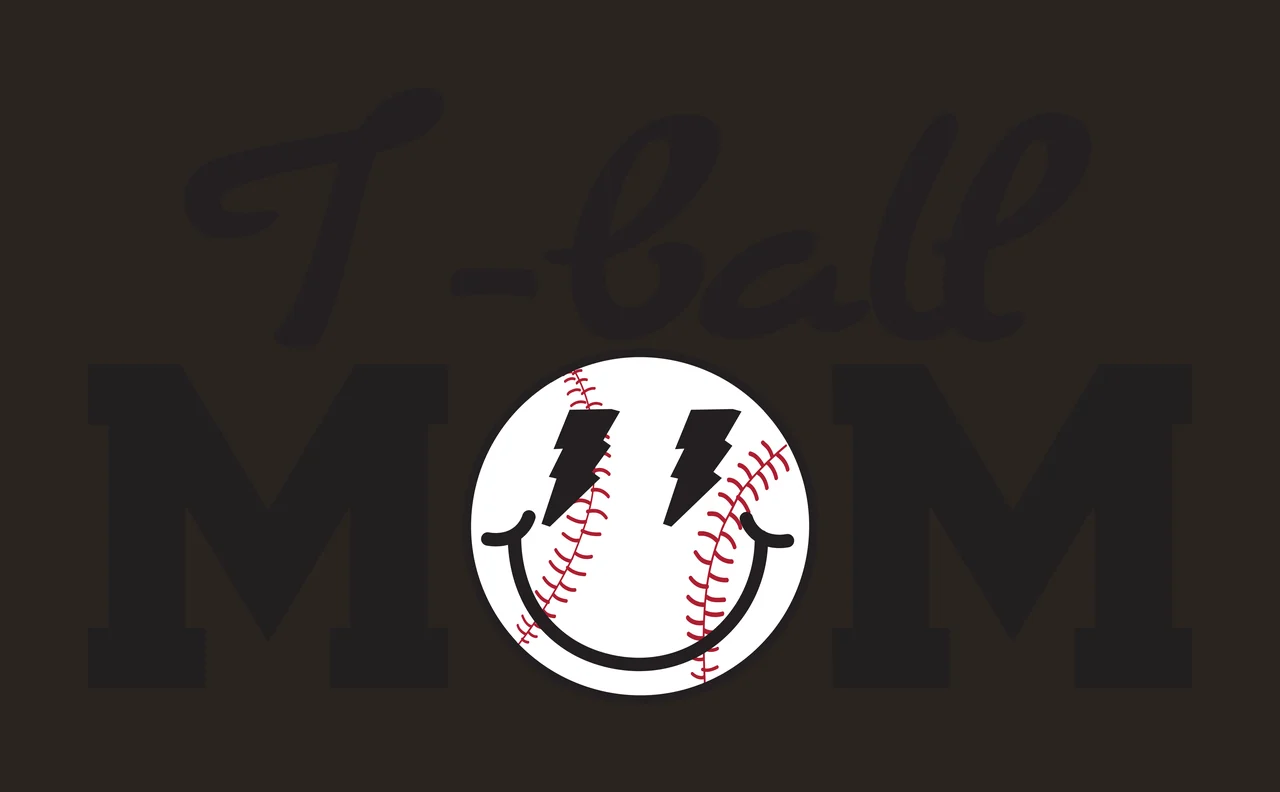 I - ball MOM Baseball-themed 'I - ball MOM' Design with black cursive text 'I - ball', black block letters 'MOM', circular baseball with red stitching and black smiley face outline in white contrast preview thumbnail