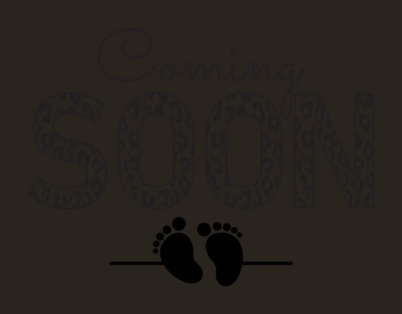 Coming SOON typography Design with cursive text, leopard print pattern, block letters and baby footprints silhouette in black and white contrast preview thumbnail