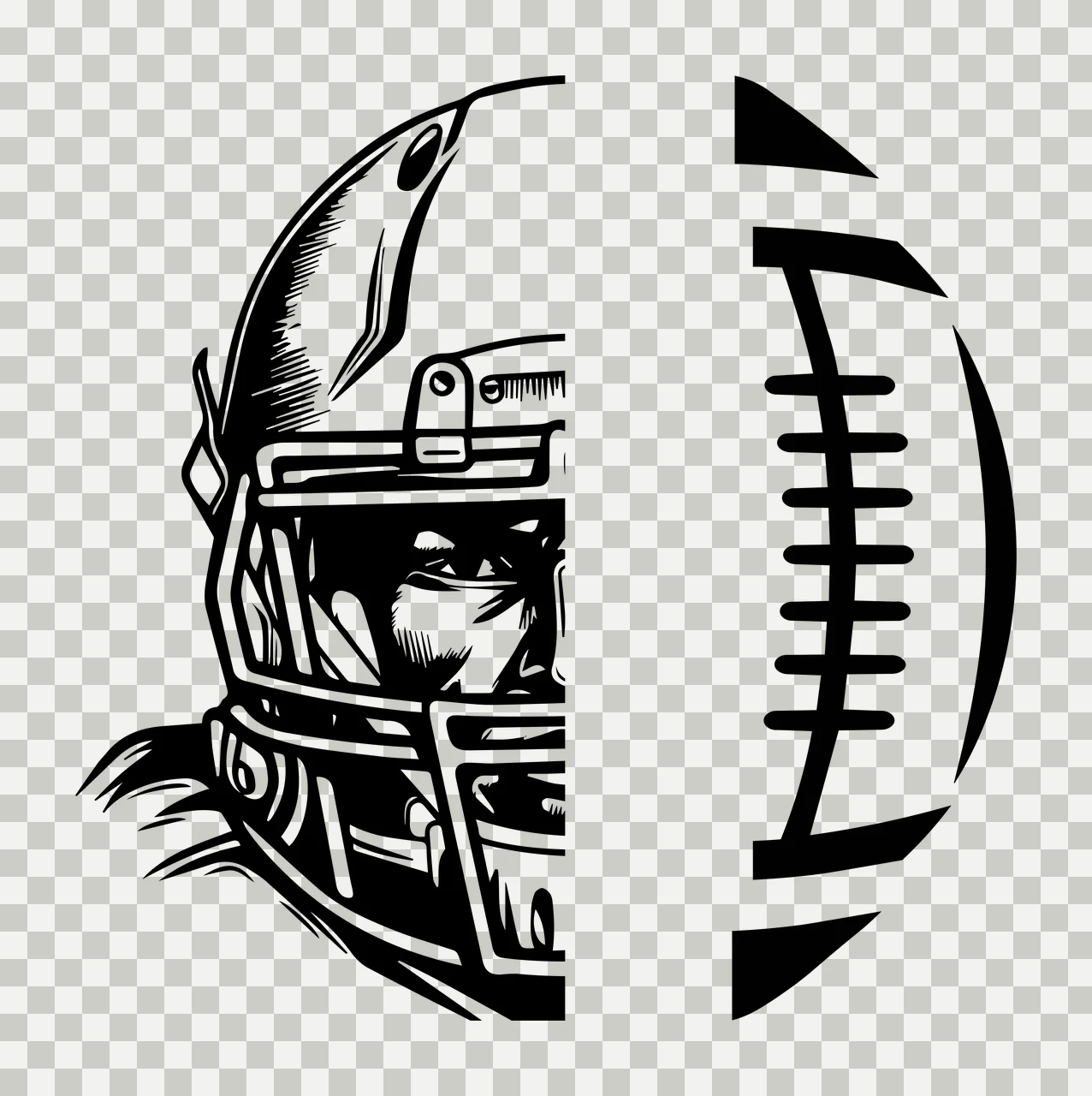 Split Football Helmet And Ball Graphic black white plain background transparency and detail preview thumbnail
