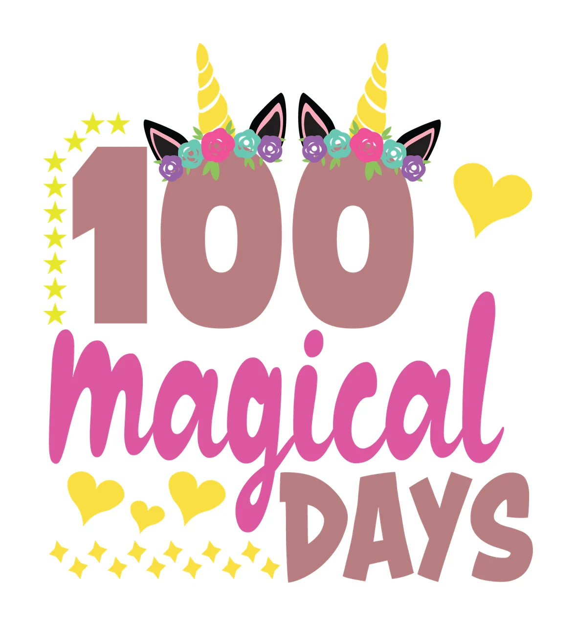 100 Magical Days Unicorn Themed Design text with elements celebrating