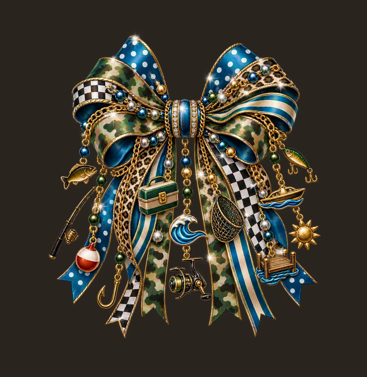 Freshwater Fishing Lover Bow Charm PNG, Themed Gold Chain Charms, Coquette Ribbon Sublimation Design, Transparent Digital Download contrast preview thumbnail