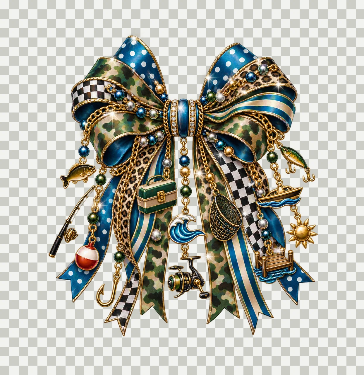 Freshwater Fishing Lover Bow Charm PNG, Themed Gold Chain Charms, Coquette Ribbon Sublimation Design, Transparent Digital Download transparency and detail preview thumbnail
