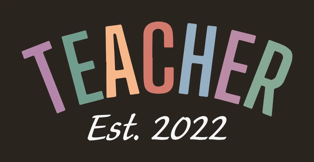 TEACHER Est. 2022 Typography Design with arched typography, block letters and cursive text in purple, green and orange contrast preview thumbnail