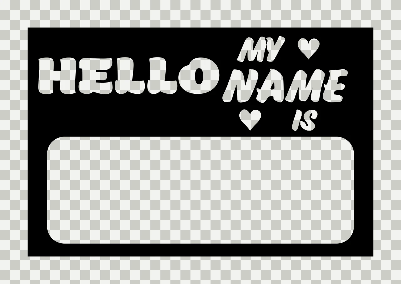 HELLO MY NAME IS Name tag sticker Design with rectangle, bubble text, heart icons and blank rounded rectangular space in black and white transparency and detail preview thumbnail